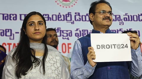 Principal Secretary (Education) Burra Venkatesham and Telangana State Board of Intermediate Education Secretary, Shruti Ojha lunch results of the public examinations.