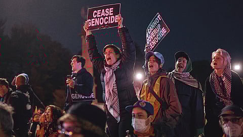 Protesters shout slogans during a pro-Palestinian demonstration demanding a permanent cease-fire in Gaza.