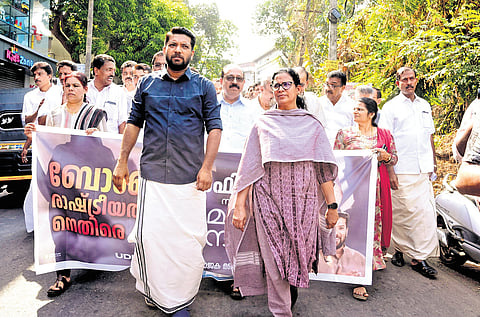 Vadakara UDF candidate Shafi Parambil and MLA K K Rema leading a peace rally in Panur on Saturday, April 6, 2024.