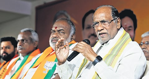 BJP MP and OBC Morcha national president K Laxman addresses the gathering at the BJP state office in Nampally, Hyderabad on Friday.