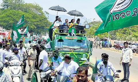 Bhaskar Rao takes part in a BJD rally in Rayagada with party candidates