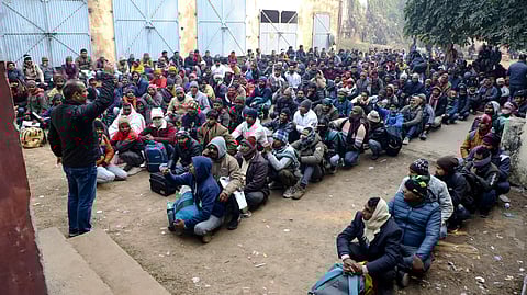 Indian workers gather to seek employment in Israel during a recruitment drive at the Industrial Training Institute (ITI) in Lucknow, Uttar Pradesh, on January 25, 2024.