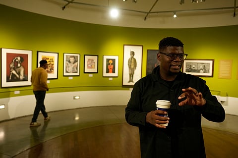 Artist Lawrence Lemaoana at an exhibition at the Apartheid Museum in Johannesburg, South Africa.