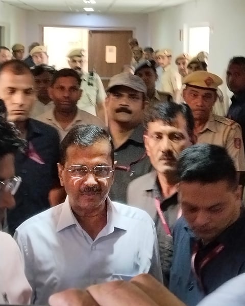 Delhi Chief Minister and AAP Convenor Arvind Kejriwal arrives to appear before the Rouse Avenue Court in the excise policy-linked money laundering case, in New Delhi, Monday, April 1, 2024.