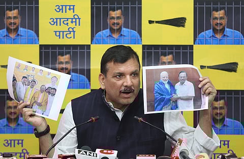 AAP MP Sanjay Singh addresses a press conference, in New Delhi, Friday, April 5, 2024.