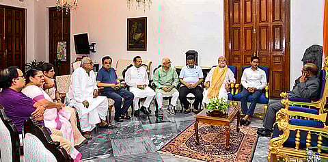 TMC leader Abhishek Banerjee and others during a meeting with West Bengal Governor C V Ananda Bose, in Kolkata, Monday, April 8, 2024.