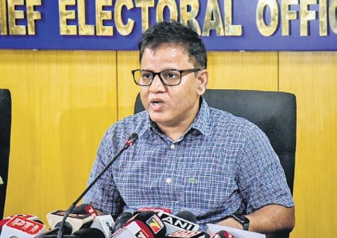 Odisha chief electoral officer Nikunja Behari Dhal at a press meet in Bhubaneswar on Thursday
