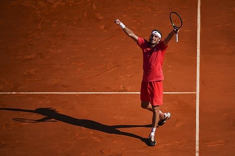 Stefanos Tsitsipas, of Greece celebrates his win over Jannik Sinner, of Italy during their Monte Carlo Tennis Masters semifinal match in Monaco, Saturday, April 13, 2024.