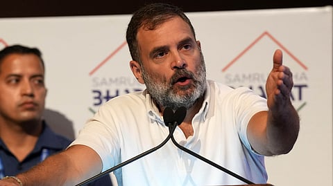 Congress leaders Rahul Gandhi and Rajesh Lilothia and political theorist Kancha Ilaiah Shepherd during the 'Samajik Nyay Sammelan' at Jawahar Bhavan, in New Delhi on Wednesday.