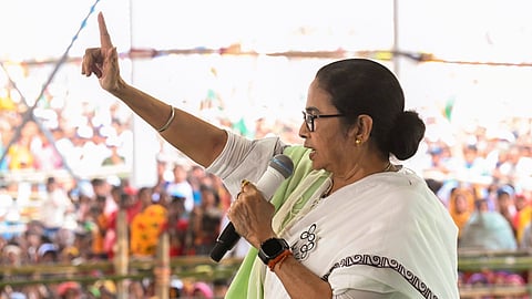 West Bengal Chief Minister and TMC chief Mamata Banerjee addresses a public meeting in support of party candidates ahead of the second phase of Lok Sabha elections, in South Dinajpur district on Sunday.