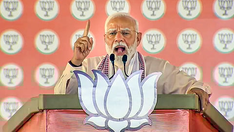 Prime Minister Narendra Modi addresses a public meeting for Lok Sabha elections in Morena, Madhya Pradesh, on Thursday, April 25, 2024.