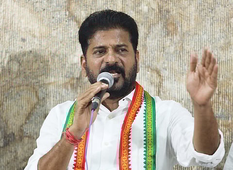 Telangana Chief Minister A Revanth Reddy speaks to media during a presser at his residence in Hyderabad.