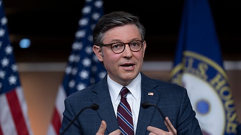Speaker of the House Mike Johnson, R-La., meets with reporters following a closed-door strategy session, at the Capitol in Washington, Tuesday, April 30, 2024.