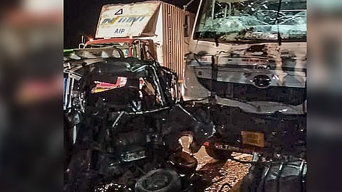 Mangled remains of vehicles after a collision between a van and a trolley on NH 52 near Aklera town in Jhalawar district late Saturday night.