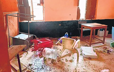 A polling booth vandalised in Indiganatta village of Hanur taluk in Chamarajanagar district on Friday