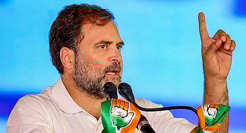Congress leader Rahul Gandhi addresses a public meeting, ahead of the upcoming Lok Sabha elections, in Anupgarh.