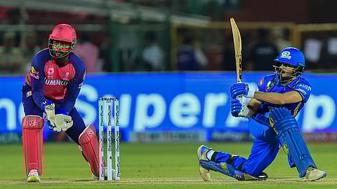Mumbai Indians batter Nehal Wadhera plays a shot during IPL match between Rajasthan Royals and Mumbai Indians, at Sawai Mansingh Stadium, in Jaipur