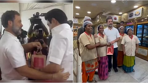 TN Chief Minister M K Stalin receives Mysore Pak from Congress leader Rahul Gandhi.