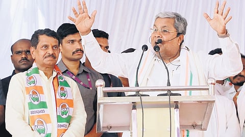 Chief Minister Siddaramaiah addresses voters at a Congress election rally in Chitradurga on Thursday