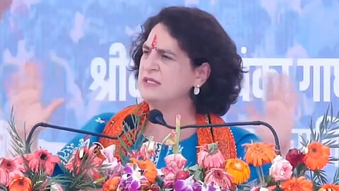 Congress General Secretary Priyanka Gandhi addresses an election rally in Ramnagar, Uttarakhand, April 13, 2024.