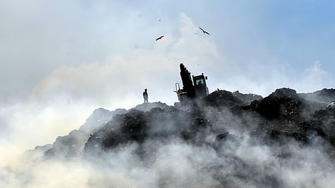 Smoke rises after a fire broke out at the Ghazipur landfill site on Sunday, in New Delhi. (Photo | Parveen Negi, EPS)