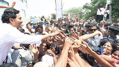 CM YS Jagan Mohan Reddy during bus yatra at Aziz Puram on Sunday