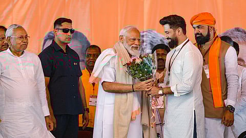 Prime Minister Narendra Modi with Bihar Chief Minister Nitish Kumar, Deputy Chief Minister Samrat Chaudhary and Lok Janshakti (Ram Vilas) chief Chirag Paswan.