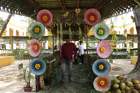 A pandal was set up using palm and coconut leaves at a polling station in VOC Higher Secondary School on Mission Street, Puducherry