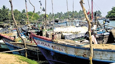 Mechanised vessels lying idle due to fishing ban imposed from Monday.