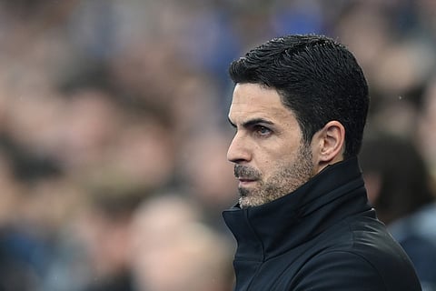 Arsenal's Spanish manager Mikel Arteta looks on ahead of kick-off in the English Premier League football match between Brighton and Hove Albion and Arsenal on April 6, 2024.