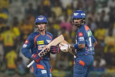 LSG batters K L Rahul and Quinton de Kock during the IPL 2024 T20 cricket match between Chennai Super Kings and Lucknow Super Giants at Ekana Cricket Stadium, in Lucknow, Friday, April 19, 2024.