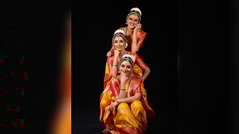 Suman Velagapudi (bottom), Monika Ladha (middle) and Lakshmi Ramani (top most), all in their forties, had their Arangetram today in Bengaluru.
