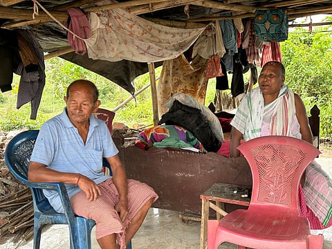 Bonti Konwar and her husband Nareswar Konwar have refused to leave the site, staying in a makeshift hut (Photo | Express)