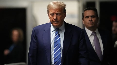 Former President Donald Trump arrives at Manhattan criminal court, Tuesday, April 16, 2024, in New York.