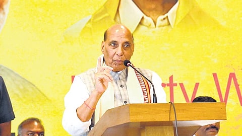 Union Defence Minister Rajnath Singh speaks at an intellectuals meeting in Visakhapatnam on Wednesday.