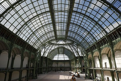 The photo shows an interior view of the Grand Palais during the visit of French President Emmanuel Macron, 100 days ahead of the Paris 2024 Olympic Games in Paris.
