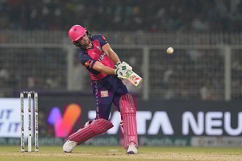 Rajasthan Royals' Jos Buttler plays a shot during the Indian Premier League cricket match between Kolkata Knight Riders and Rajasthan Royals in Kolkata