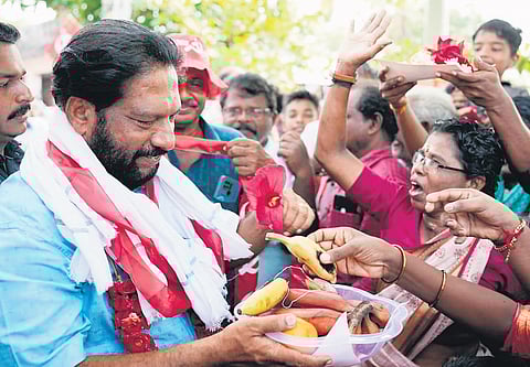 LDF candidate in Attingal V Joy interacts with supporters during his election campaign at Karavaram in Chirayinkeezhu.