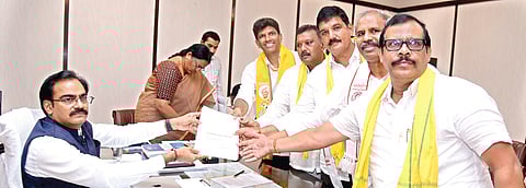 Pemmasani Chandrasekhar, along with other TDP leaders, filed his nomination papers in Guntur on Monday