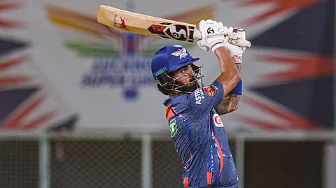 LSG skipper KL Rahul goes for a big shot against CSK on Friday