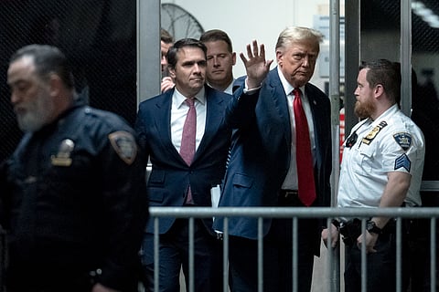 Former US President Donald Trump returns from a break at Manhattan criminal court in New York on Monday, April 15, 2024.