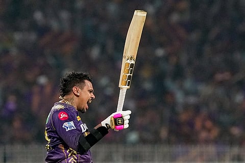 KKR's batter Sunil Narine celebrates his century during the IPL 2024 cricket match between Rajasthan Royals and KKR at Eden Gardens on April 16, 2024.