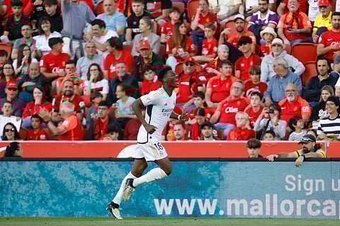 Real Madrid's Aurelien Tchouameni celebrates after scoring the opening goal during a Spanish La Liga soccer match between Mallorca and Real Madrid at the Son Moix stadium in Palma de Mallorca, Spain, Saturday, April 13, 2024.