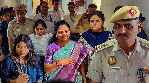 BRS leader K Kavitha leaves the Rouse Avenue Court after being produced by the Central Bureau of Investigation (CBI) in the Delhi liquor policy case, in New Delhi.