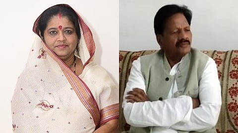 A collage of BSP Lok Sabha candidate Kankar Munjare (R) and his wife and Congress MLA Anubha Munjare.