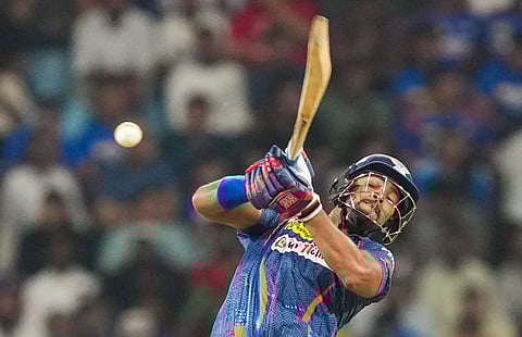 Lucknow Super Giants batter Nicholas Pooran plays a shot during the Indian Premier League (IPL) 2024 T20 cricket match between Lucknow Super Giants and Gujarat Titans at the Bharat Ratna Shri Atal Bihari Vajpayee Ekana Stadium, in Lucknow, Sunday, April 7, 2024