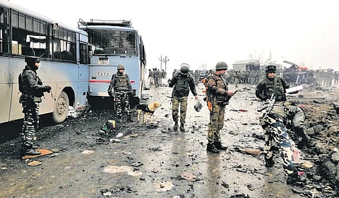 The aftermath of the Pulwama attack in 2019.