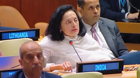 India's Permanent Representative to the UN Ambassador Ruchira Kamboj addresses the UNSC meeting in New York, on Tuesday.