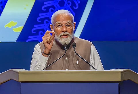 Prime Minister Narendra Modi addresses during a ceremony marking 90 years of the Reserve Bank of India, in Mumbai, Monday, April 1, 2024.