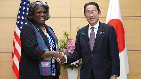U.S. Ambassador to United Nations Linda Thomas-Greenfield, and Japan's Prime Minister Fumio Kishida, shake hands during a meeting Friday, April 19, 2024, at prime minister's office in Tokyo.